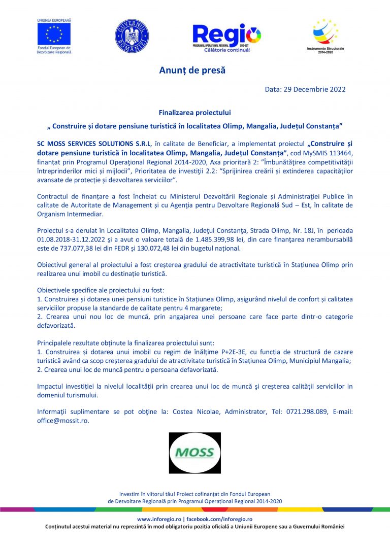 Comunicat de presă SC MOSS SERVICES SOLUTIONS S.R.L