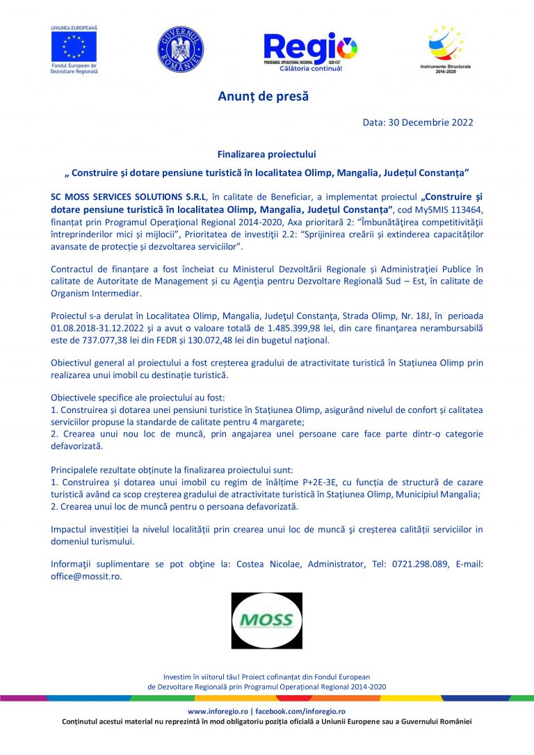 Comunicat de presă SC MOSS SERVICES SOLUTIONS S.R.L