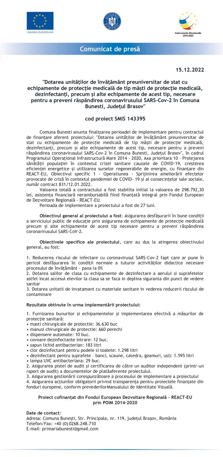 Comunicat de presă COMUNA BUNESTI