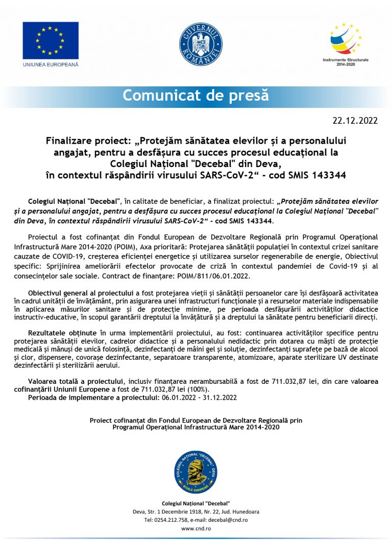 Comunicat de presă Colegiul Național „Decebal“