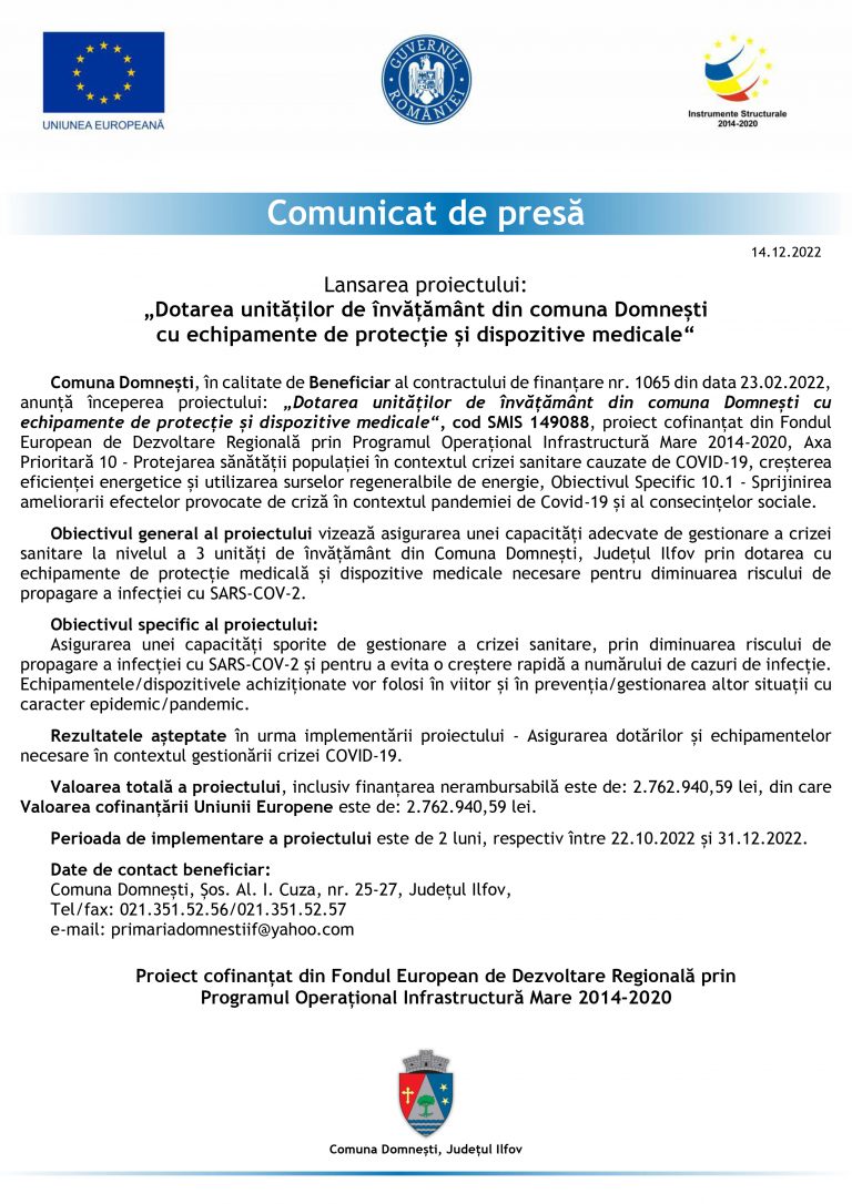 Comunicat de presă COMUNA DOMNESTI