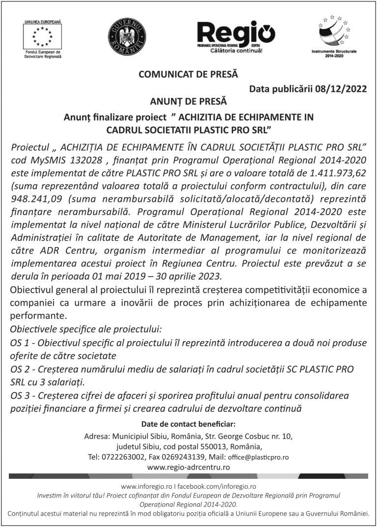 Comunicat de presă PLASTIC PRO SRL