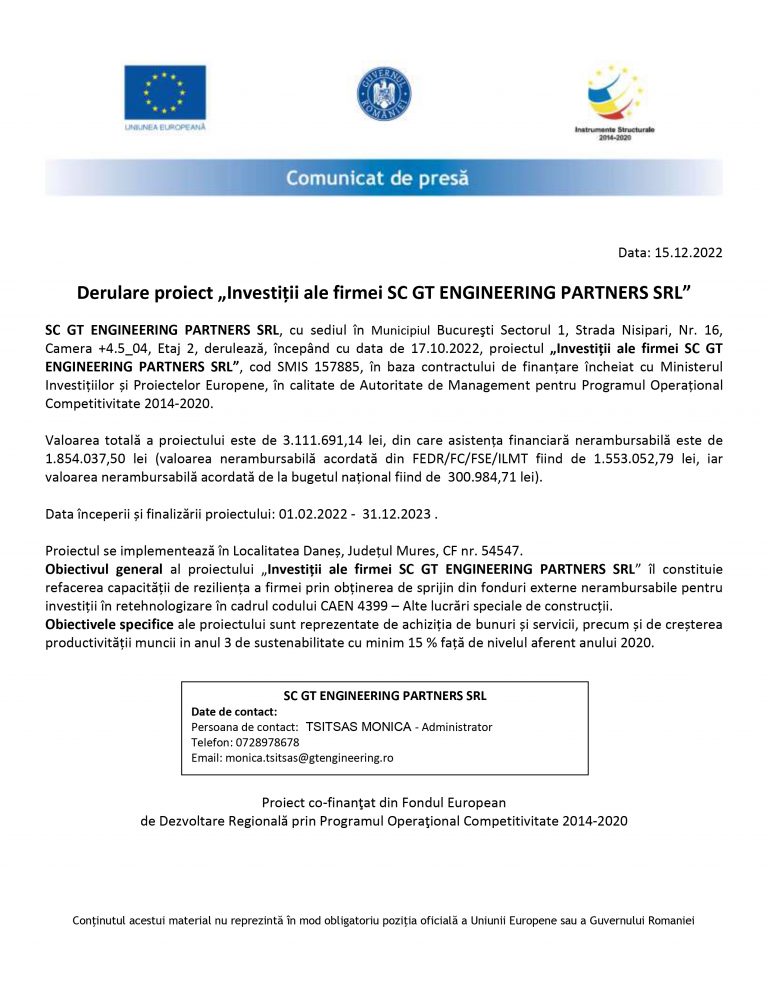 Comunicat de presă SC GT ENGINEERING PARTNERS SRL