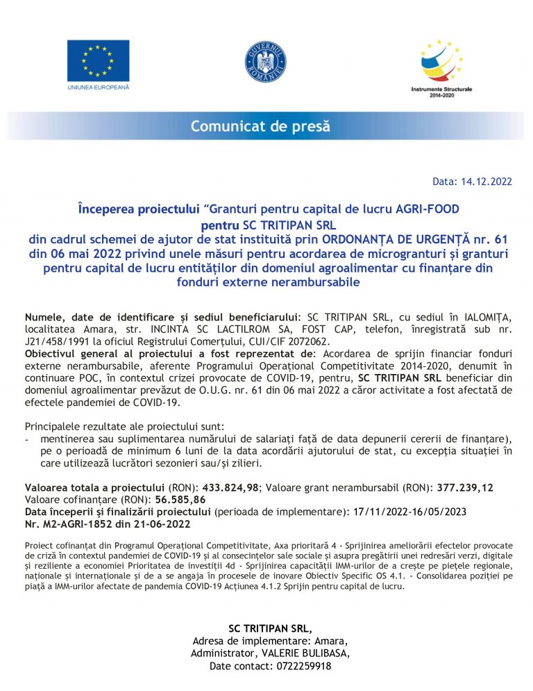 Comunicat de presă TRITIPAN SRL