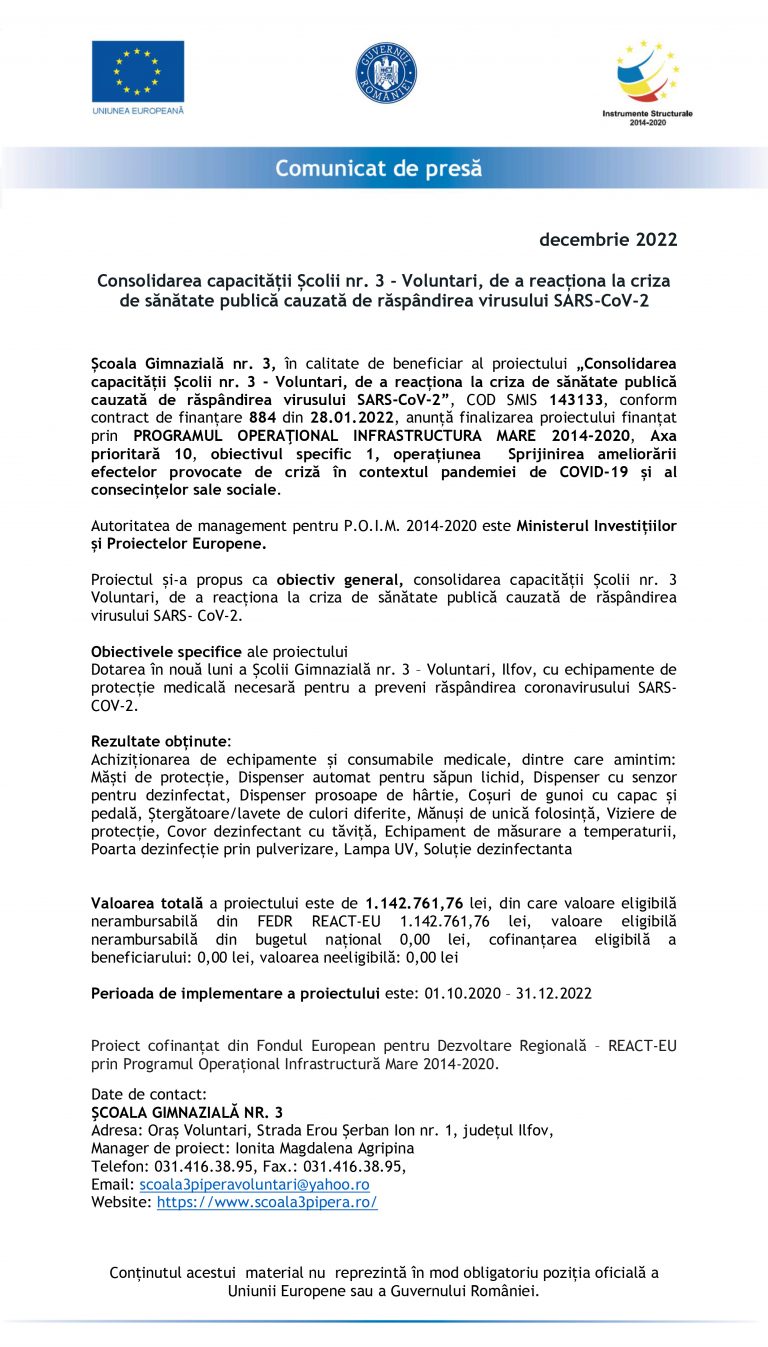 Comunicat de presă SCOALA GIMNAZIALA NR. 3