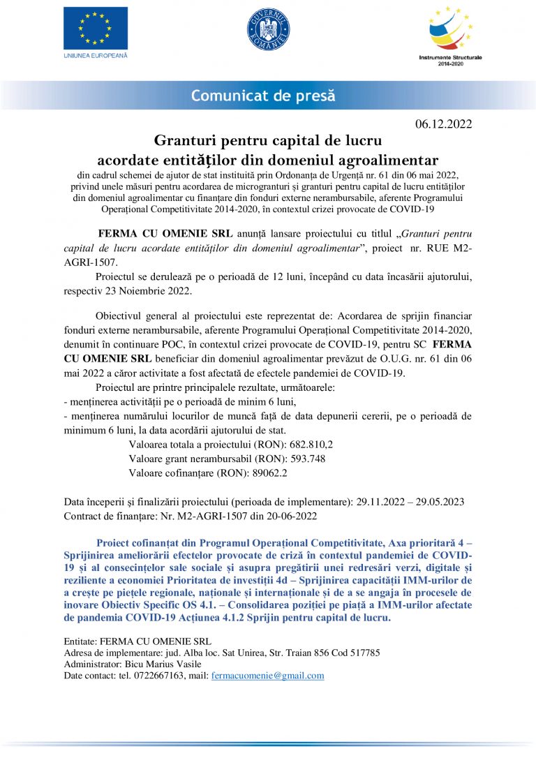 Comunicat de presă FERMA CU OMENIE SRL