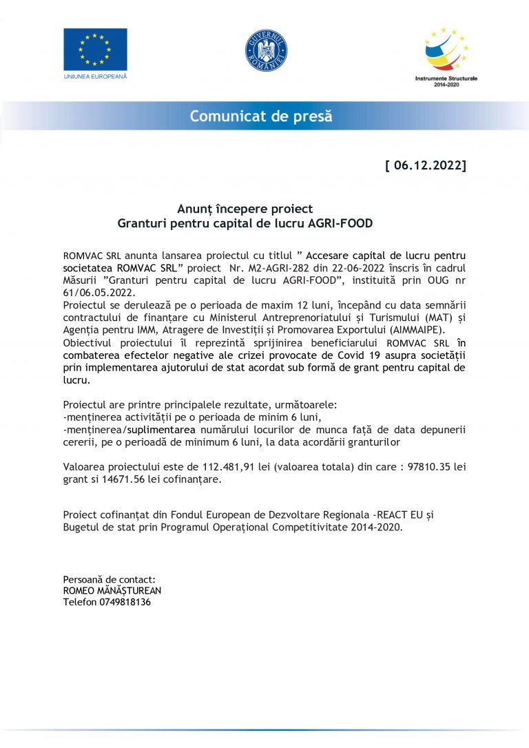 Comunicat de presă ROMVAC SRL