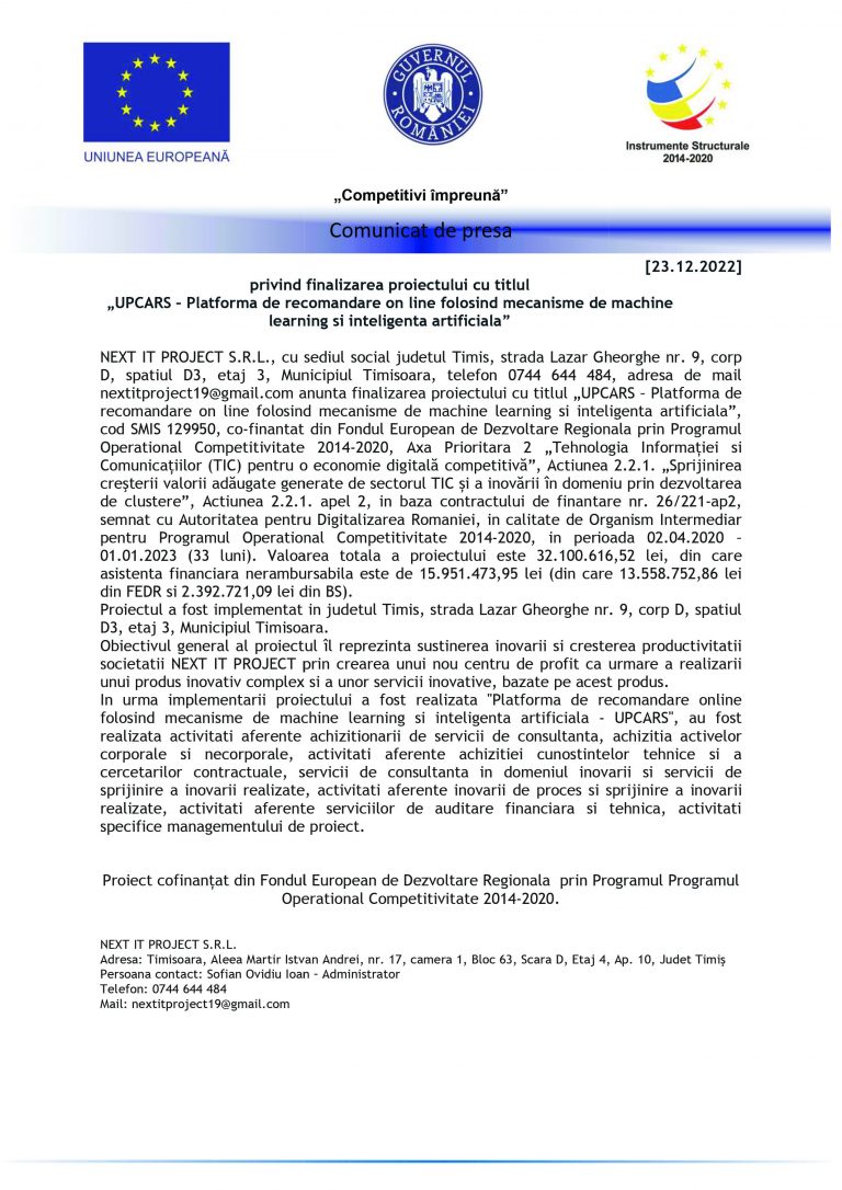 Comunicat de presă NEXT IT PROJECT S.R.L.