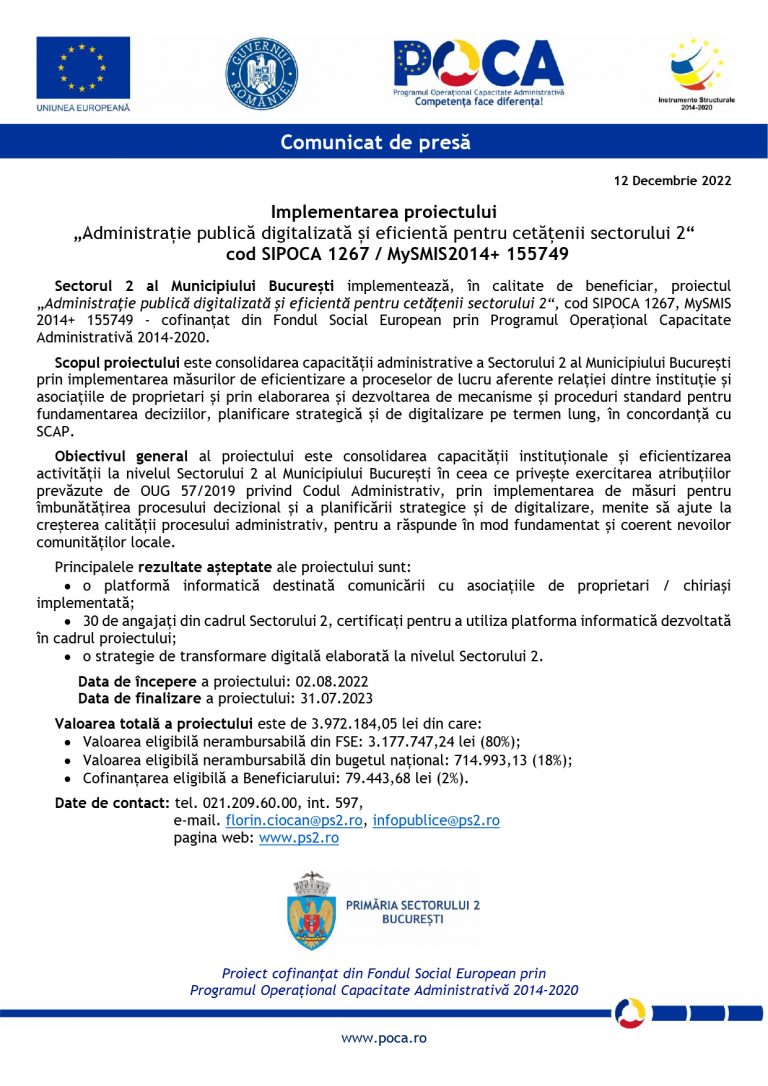 Comunicat de presă Sectorul 2 al Municipiului București