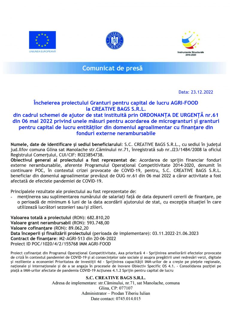 Comunicat de presă S.C. CREATIVE BAGS S.R.L.