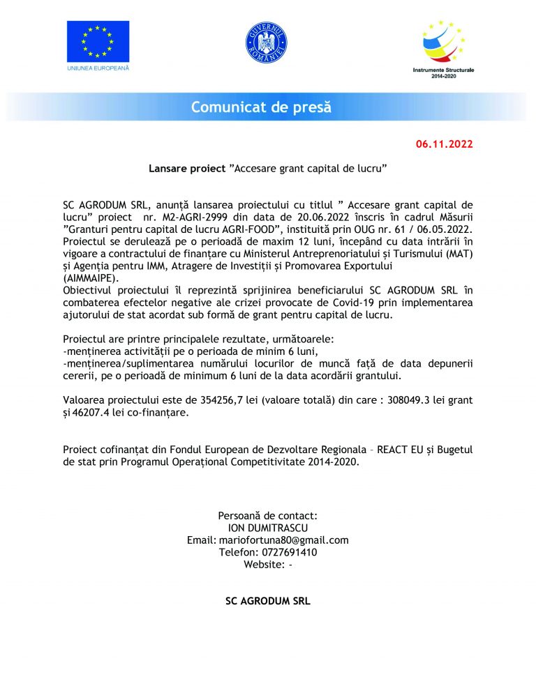Comunicat de presa SC AGRODUM SRL