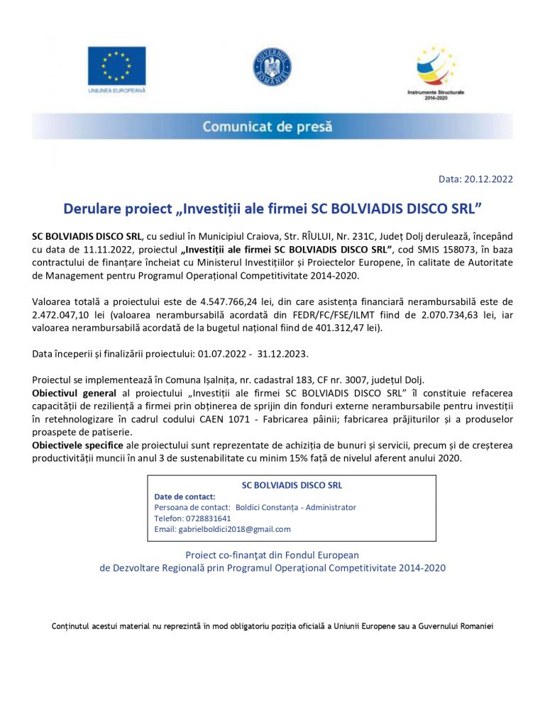 Comunicat de presa SC BOLVIADIS DISCO SRL