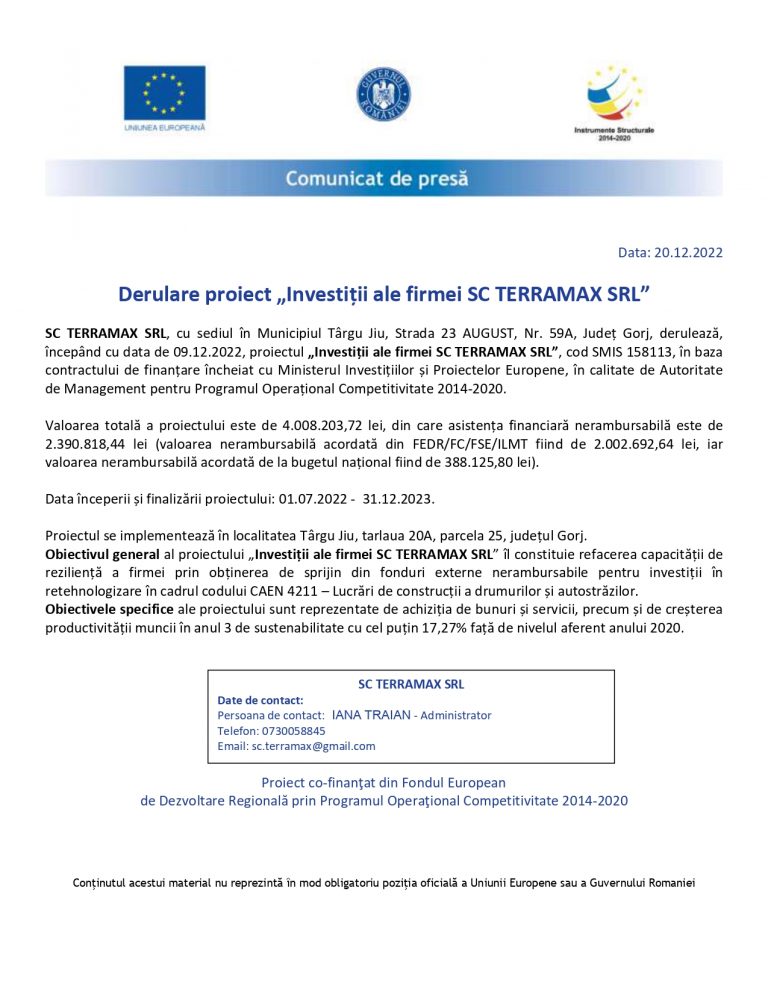 Comunicat de presa SC TERRAMAX SRL