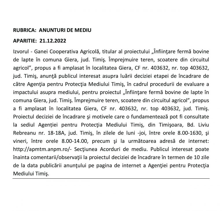 Anunț de mediu Izvorul – Ganei Cooperativa Agricolă