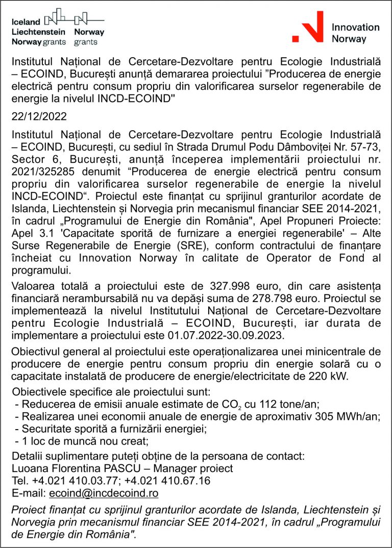 Anunț Institutul Național de Cercetare-Dezvoltare pentru Ecologie Industrială – ECOIND