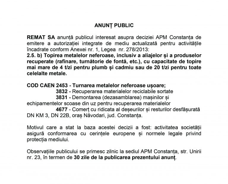 Anunt public REMAT SA
