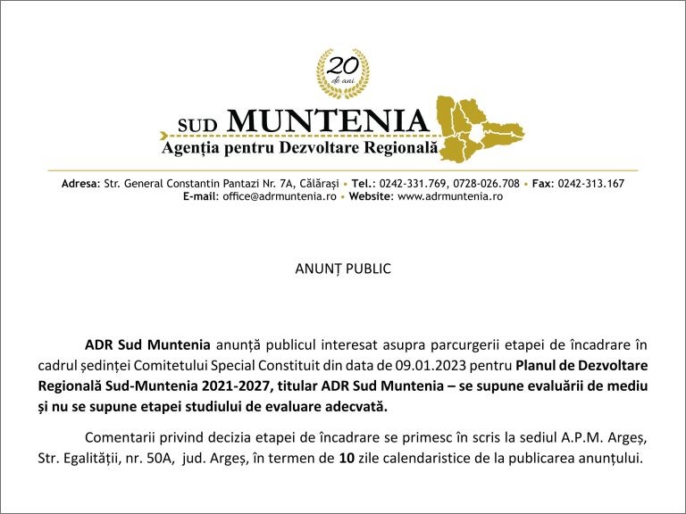 Anunț de presă ADR Sud Muntenia