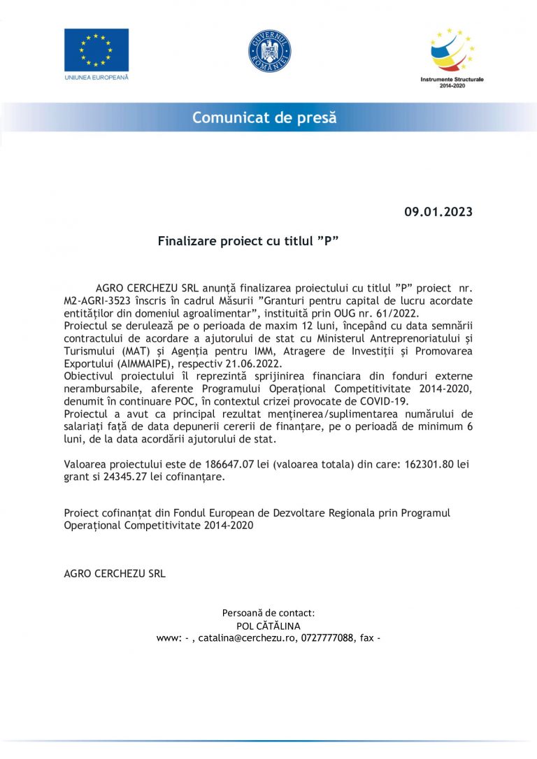 Comunicat de presă AGRO CERCHEZU SRL