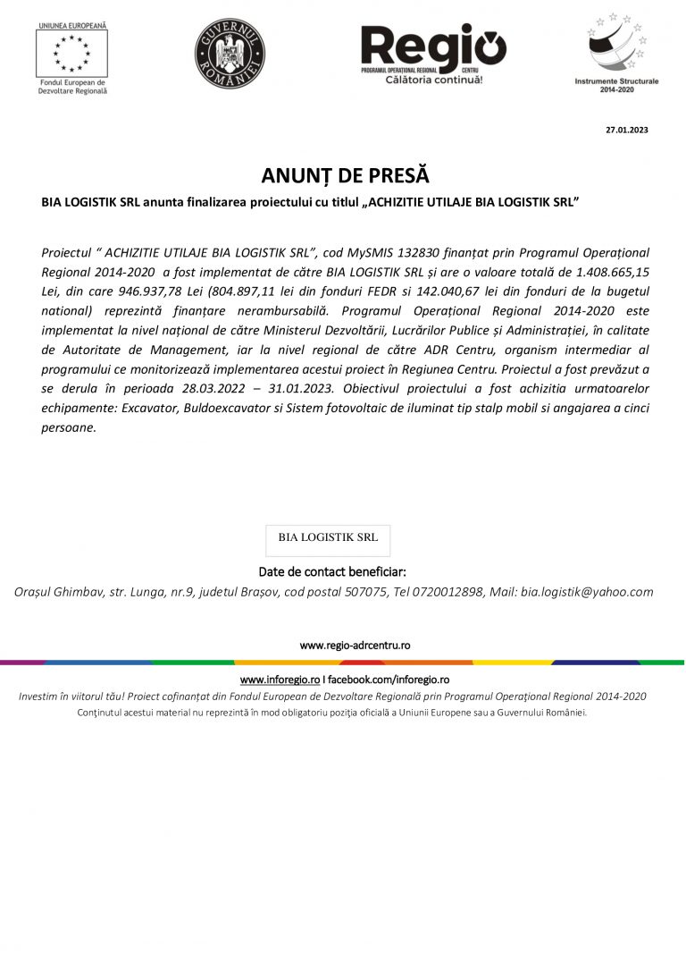 Comunicat de presă BIA LOGISTIK SRL