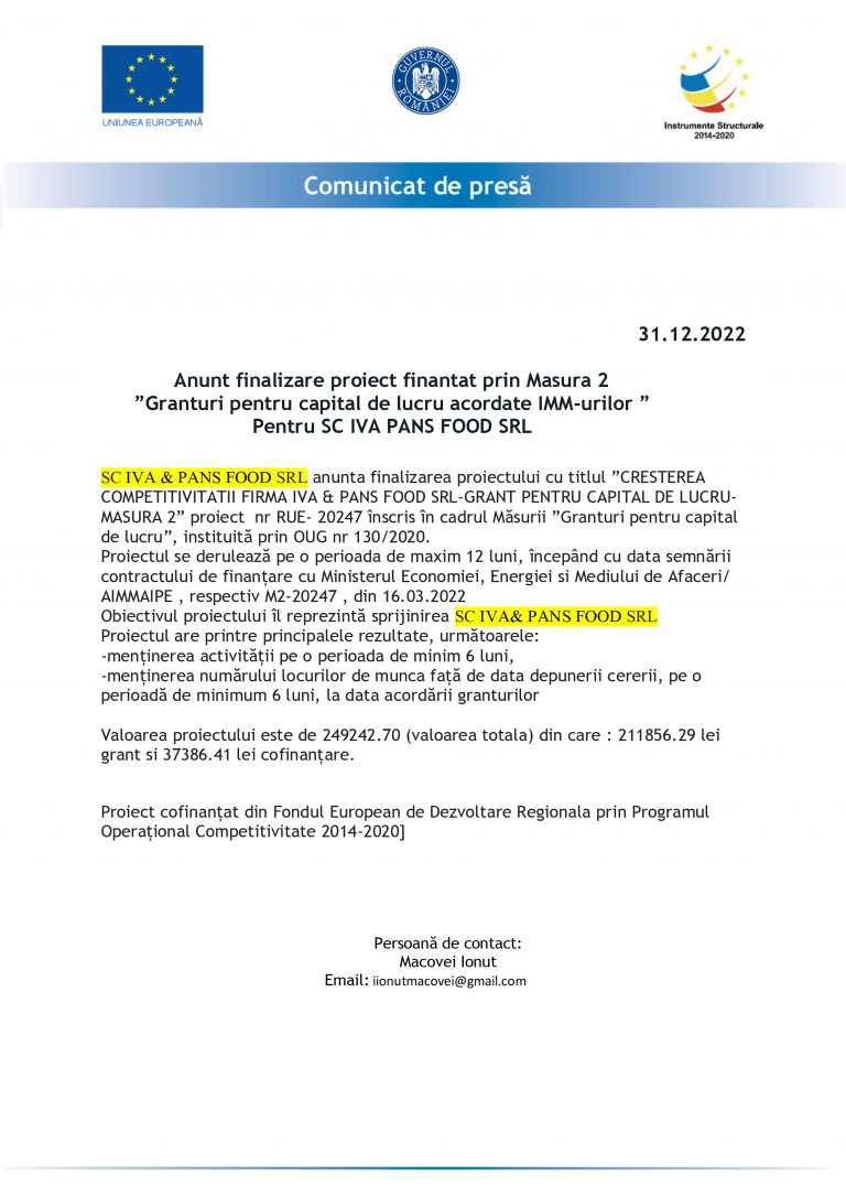 Comunicat de presă IVA & PANS FOOD SRL