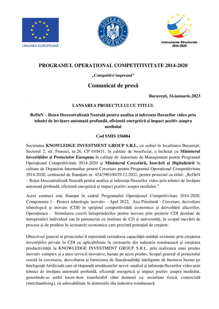 Comunicat de presa KNOWLEDGE INVESTMENT GROUP SRL