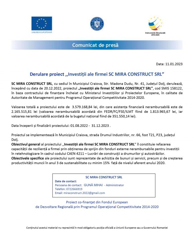 Comunicat de presă MIRA CONSTRUCT