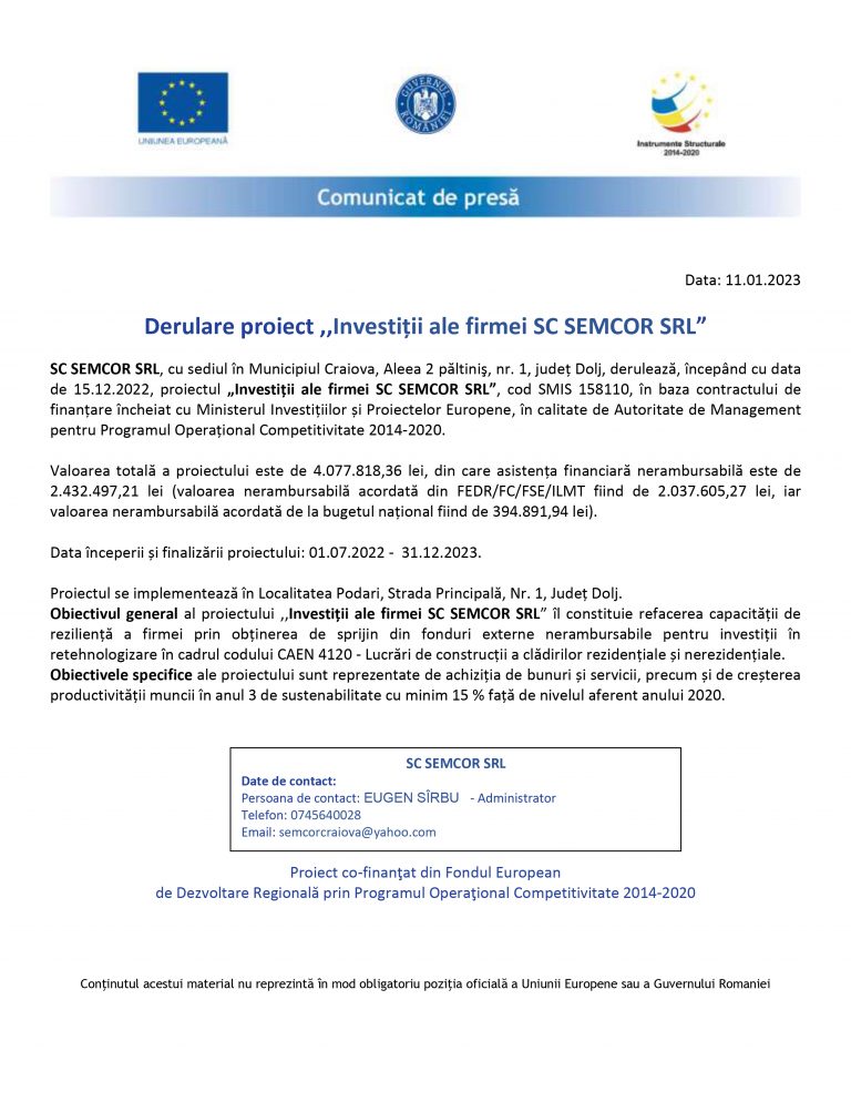 Comunicat de presă SEMCOR SRL