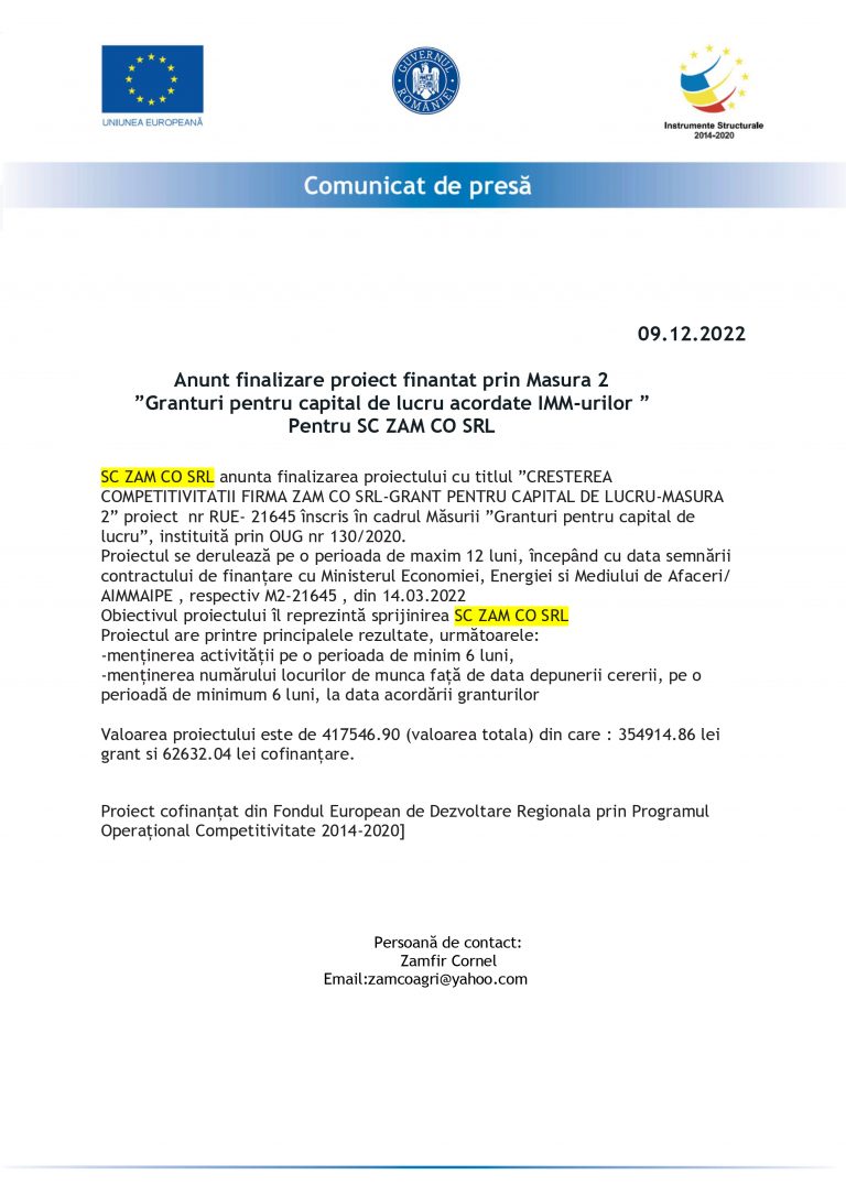 Comunicat de presă ZAM CO SRL