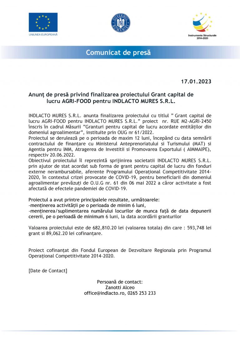 Comunicat de presă INDLACTO MURES S.R.L.
