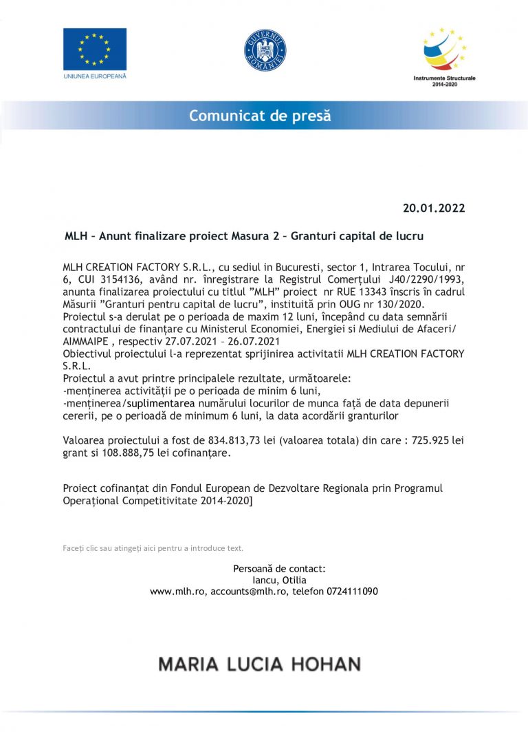 Comunicat de presă MLH CREATION FACTORY S.R.L.