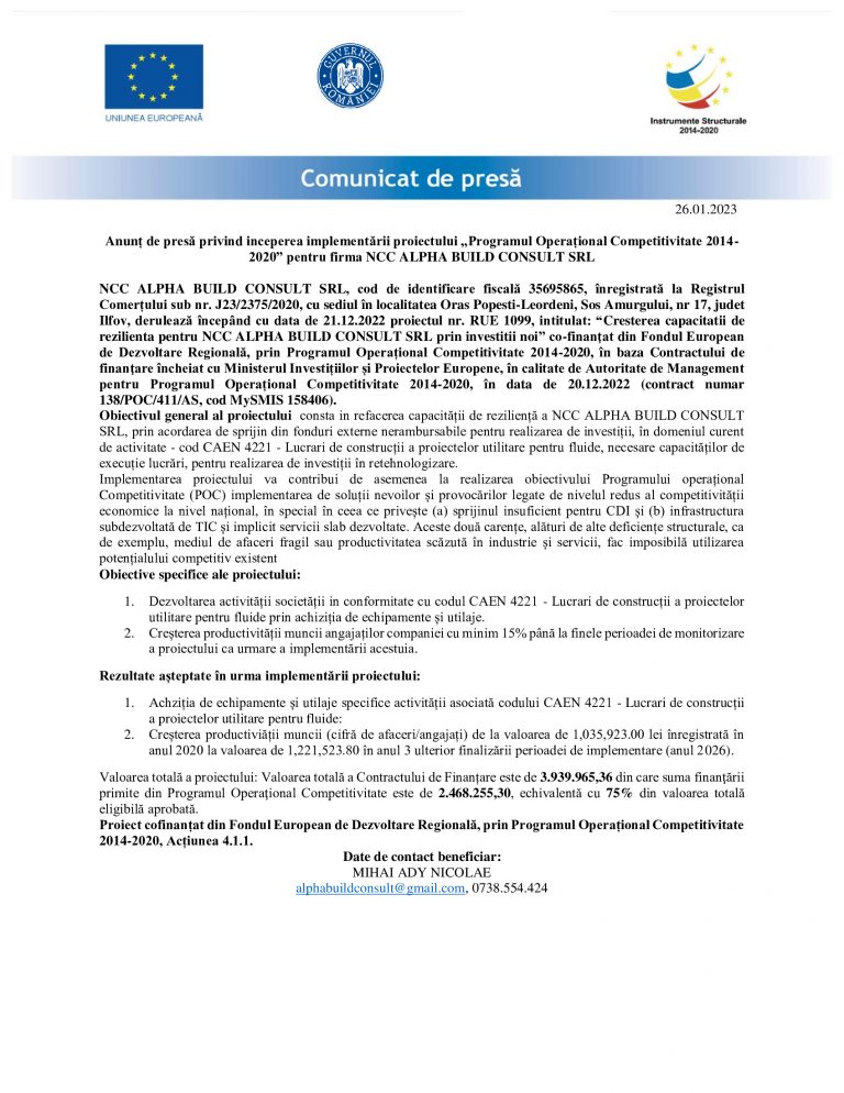Comunicat de presă NCC ALPHA BUILD CONSULT SRL