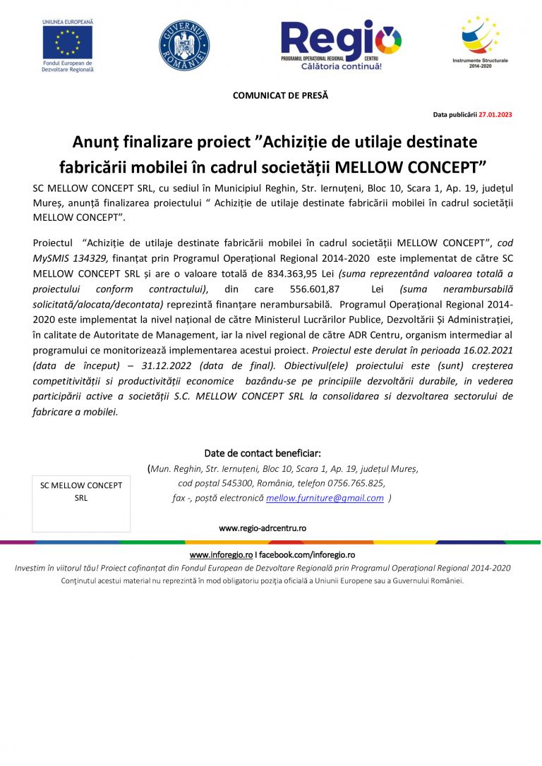 Comunicat de presă SC MELLOW CONCEPT SRL