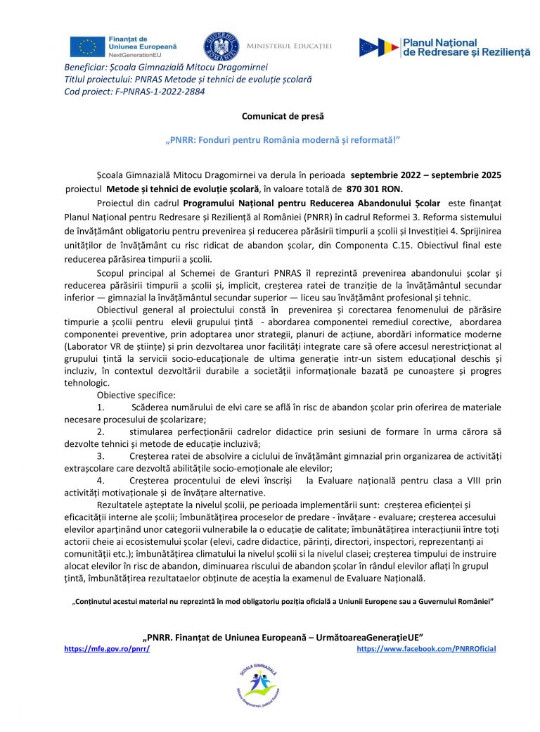 Comunicat de presă Școala Gimnazială Mitocu Dragomirnei