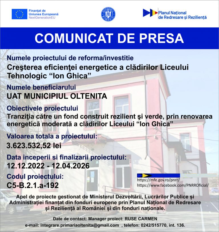 Comunicat de presă UAT Municipiul Oltenița