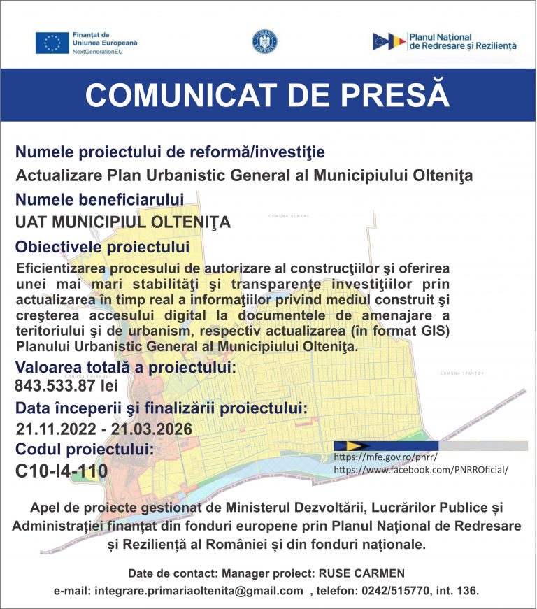 Comunicat de presă UAT Municipiul Oltenița