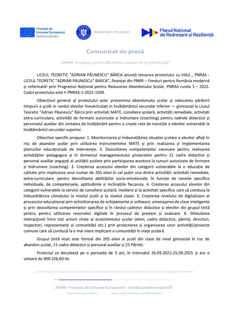 Comunicat de presa Liceul Teoretic „Adrian Pâunescu” Bârca