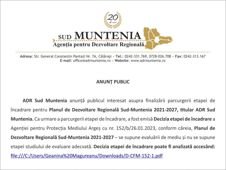 Comunicat de presa ADR Sud Muntenia