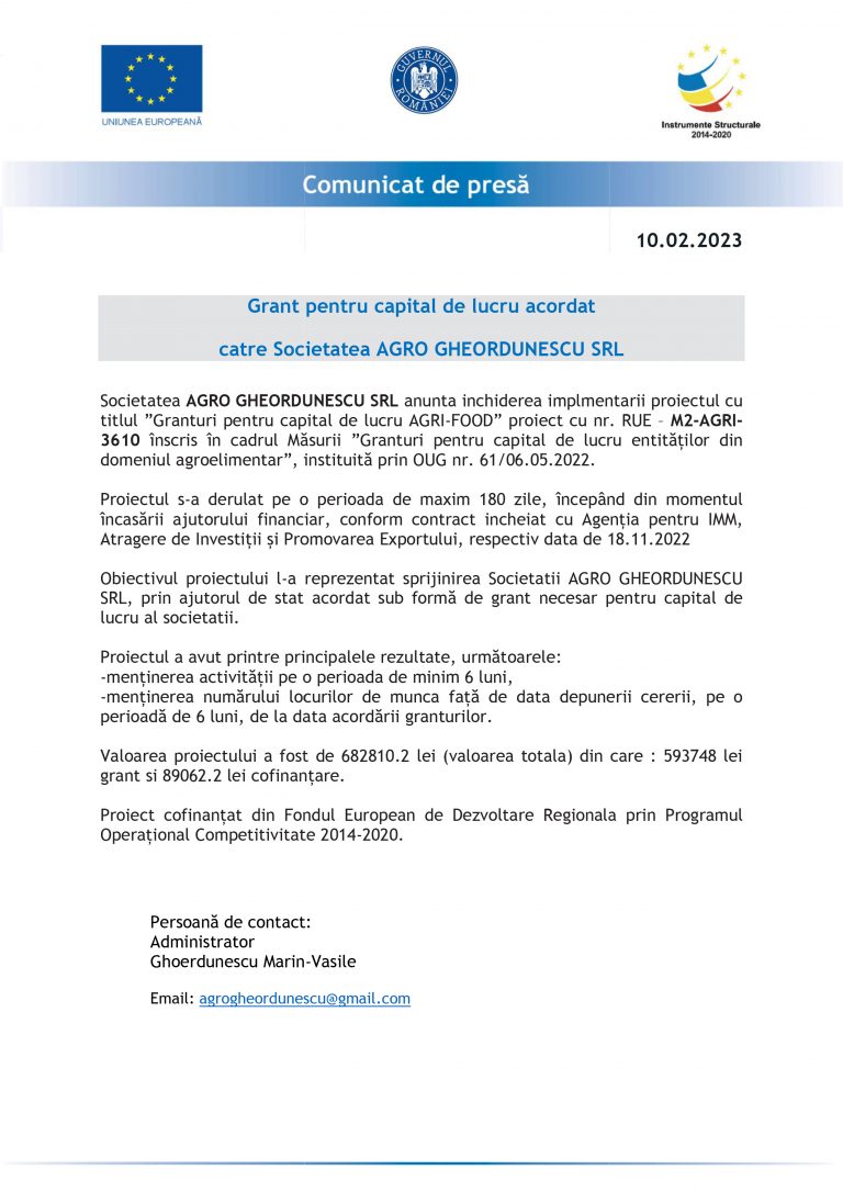 Comunicat de presă AGRO GHEORDUNESCU SRL