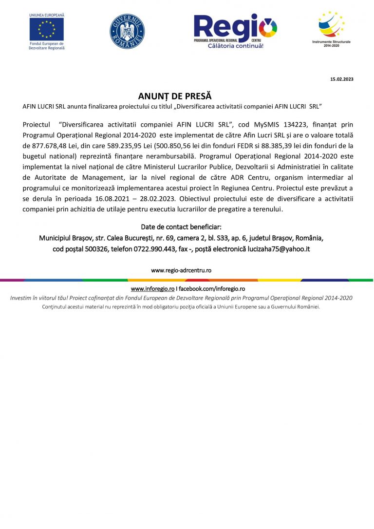 Anunt de presa AFIN LUCRI SRL
