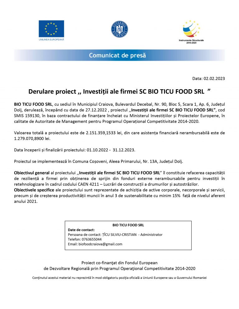 Comunicat de presă BIO TICU FOOD SRL