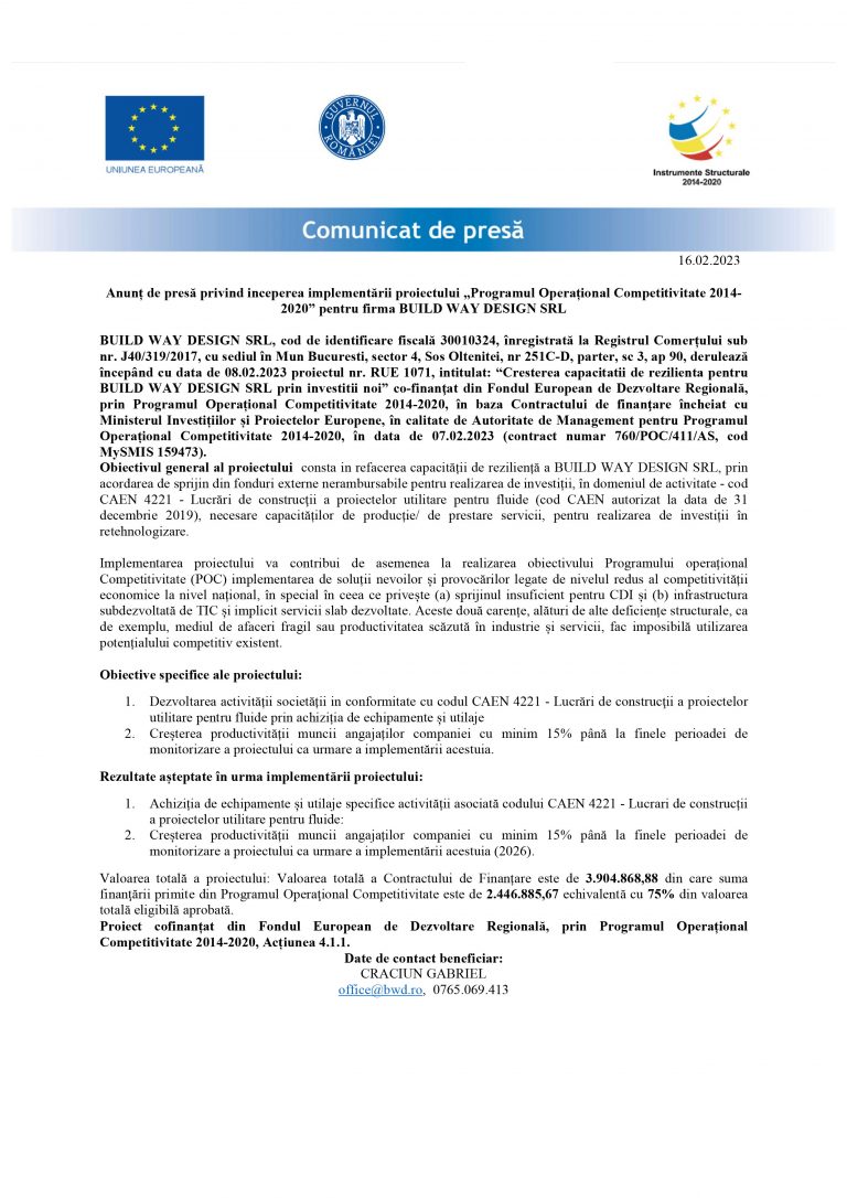 Comunicat de presă BUILD WAY DESIGN SRL