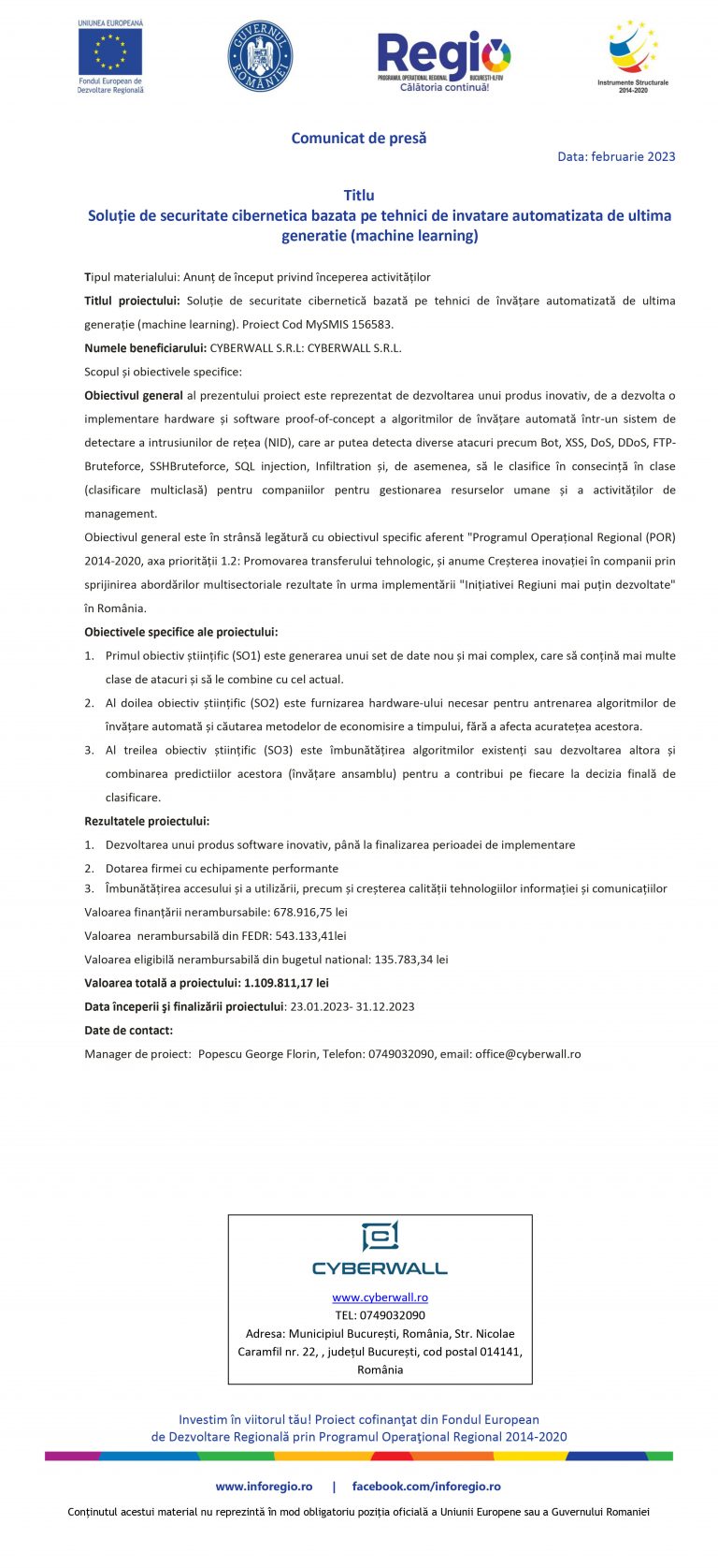 Comunicat de presa CYBERWALL S.R.L.