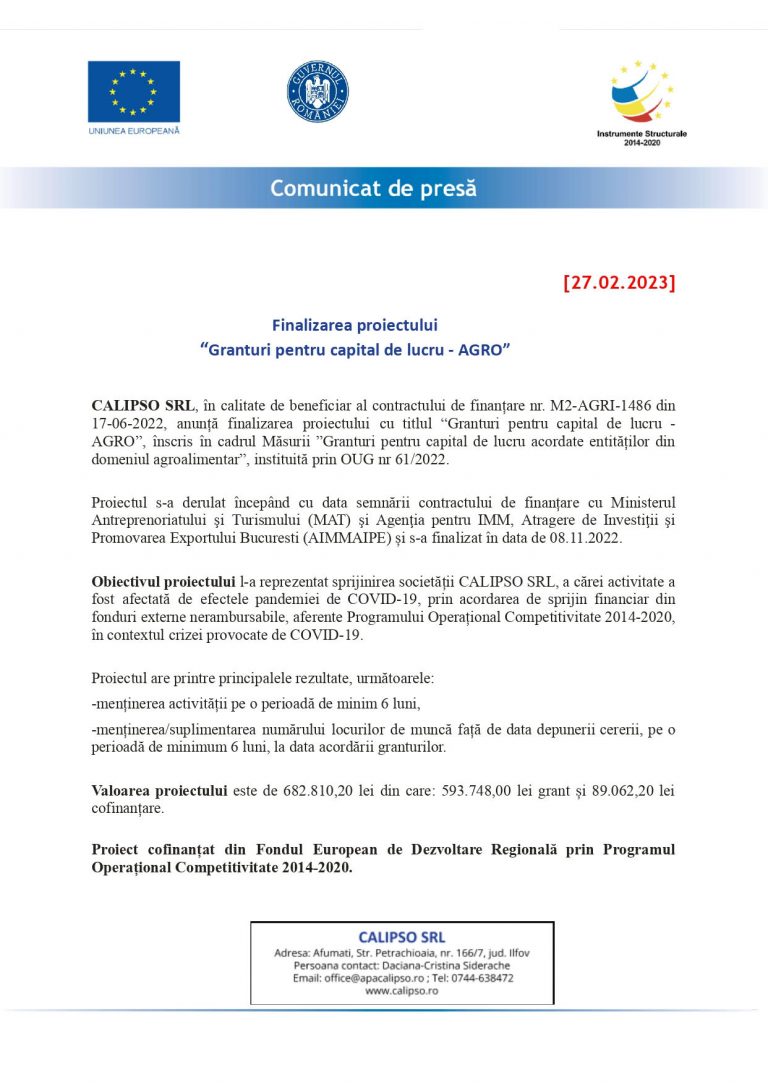 Comunicat de presa CALIPSO SRL