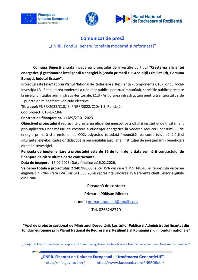 Comunicat de presă Comuna Bunești