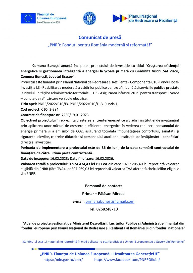 Comunicat de presă Comuna Bunești