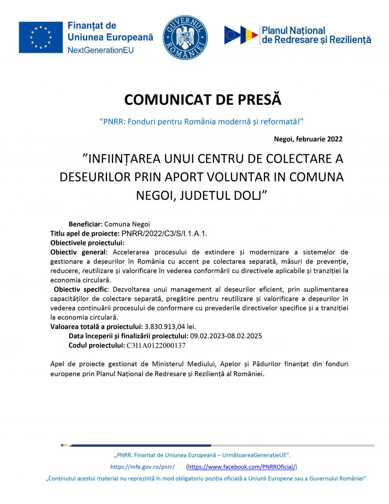 Comunicat de presă Comuna Negoi