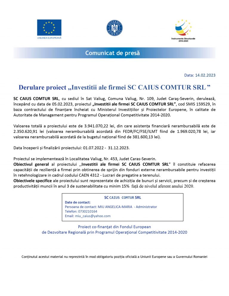 Comunicat de presă SC CAIUS COMTUR SRL