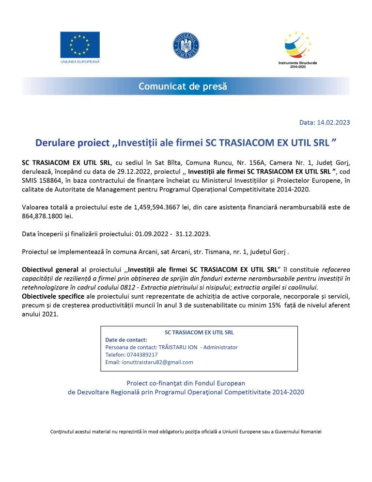 Comunicat de presă SC TRASIACOM EX UTIL SRL