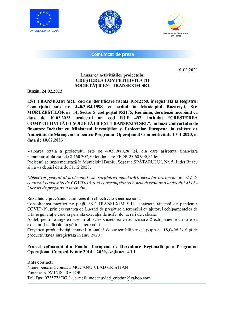 Comunicat de presă EST TRANSEXIM SRL