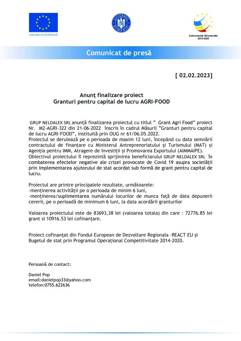 Comunicat de presă GRUP NELDALEX SRL